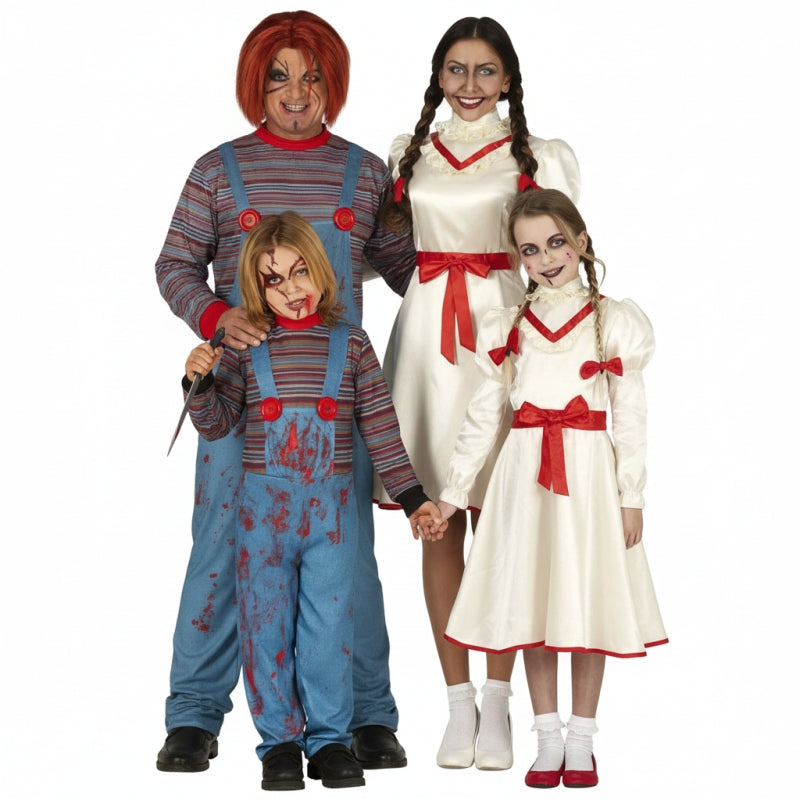 Gruppe von Horrorpuppen Chucky und Annabelle