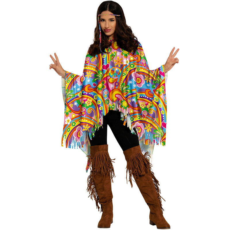 Disfraz de Poncho Hippie Psicodelico para mujer