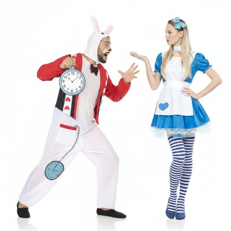 Sexy Alice und weißes Kaninchen mit Uhr Paarkostüm für Erwachsene