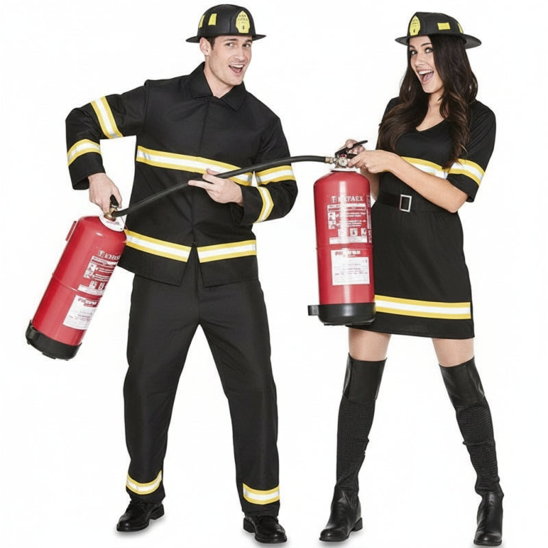 Feuerwehrmänner in schwarzen Uniformen Paarkostüm für Erwachsene