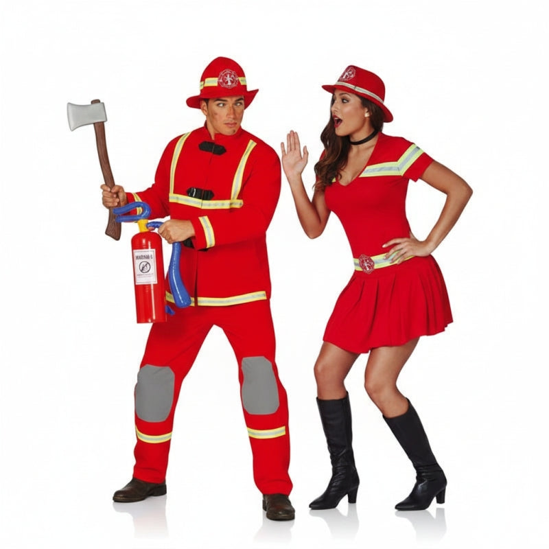 Feuerwehrmänner in roter Uniform Paarkostüm für Erwachsene