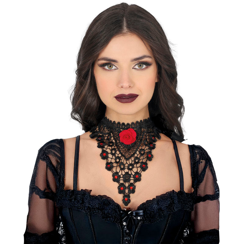 Gargantilla bordada con rosa roja