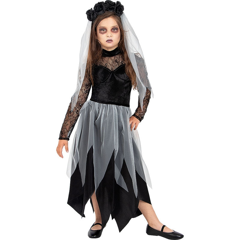 Offizielles Gothic Braut Kostüm Für Mädchen – Schwarz-lila Mit Fledermaus-Druck Und Netzschleier