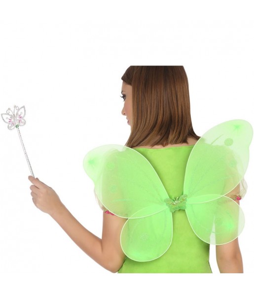 Grüne Flügel mit Zauberstab um Ihr Kostüm zu vervollständigen