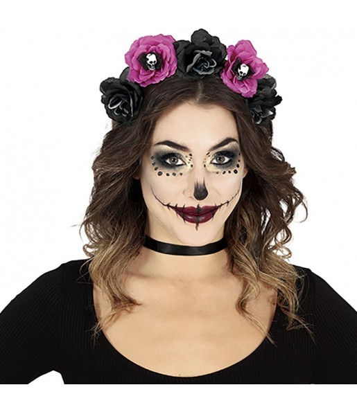 Catrina Stirnband schwarz und rosa Blumen zur Vervollständigung Ihres Horrorkostüms