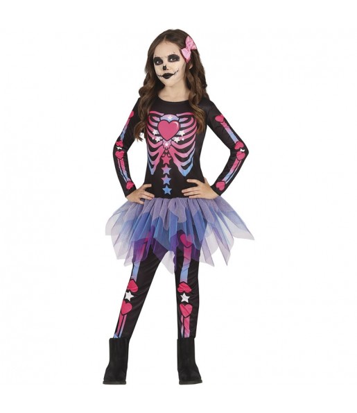 Skelett mit Sternen und Herzen Kostüm für Mädchen