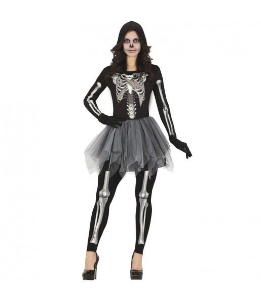 Graues Skelett mit Kapuze Kostüm für Damen
