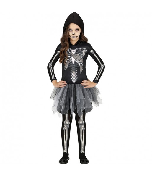 Graues Skelett mit Kapuze Kostüm für Mädchen