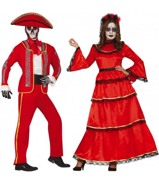 Rote mexikanische Skelette Kostüme für Paare