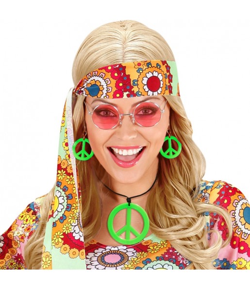 Neongrünes Hippie-Zubehörset um Ihr Kostüm zu vervollständigen