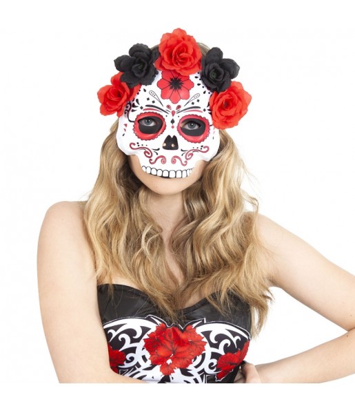 Catrina-Maske mit roten und schwarzen Blumen zur Vervollständigung Ihres Horrorkostüms