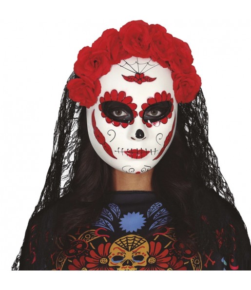 Catrina Maske mit Blumen und Schleier zur Vervollständigung Ihres Horrorkostüms