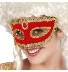 Rote Maske mit Goldborte um Ihr Kostüm zu vervollständigen