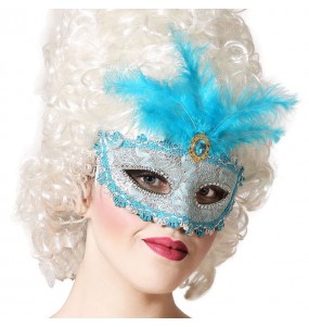 Blaue venezianische Maske mit Feder um Ihr Kostüm zu vervollständigen