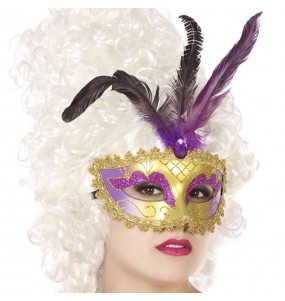 Venezianische Maske mit lila Feder um Ihr Kostüm zu vervollständigen
