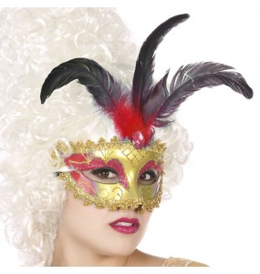 Venezianische Maske mit roter Feder um Ihr Kostüm zu vervollständigen