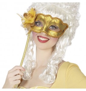 Goldene venezianische Maske mit Halterung um Ihr Kostüm zu vervollständigen