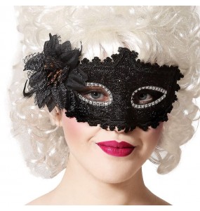 Schwarze venezianische Maske mit Blume um Ihr Kostüm zu vervollständigen