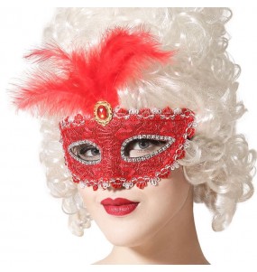 rote venezianische Maske mit Feder um Ihr Kostüm zu vervollständigen