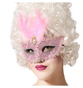 rosa venezianische Maske mit Feder um Ihr Kostüm zu vervollständigen