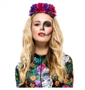 Catrina Stirnband mit rosa und lila Blumen zur Vervollständigung Ihres Horrorkostüms