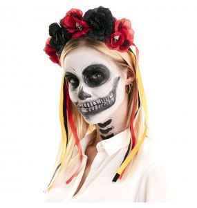 Tag der Toten Stirnband mit schwarzen und roten Blumen zur Vervollständigung Ihres Horrorkostüms