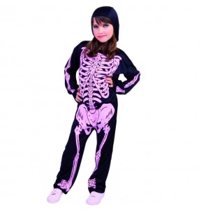 Skelett Kostüm mit rosa Knochen für Mädchen