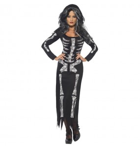 Schwarzes Skelett Kostüm Frau für Halloween Nacht