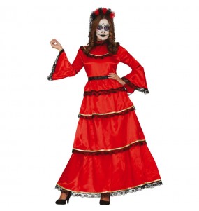 Mexikanische rote Catrina Kostüm Frau für Halloween Nacht