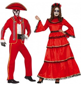 Rote mexikanische Skelette Kostüme für Paare
