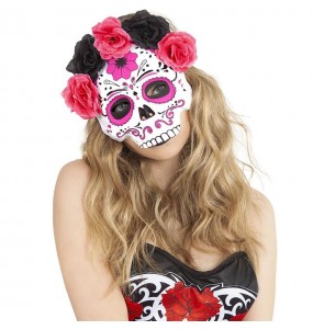 Catrina Maske mit rosa und schwarzen Blumen zur Vervollständigung Ihres Horrorkostüms