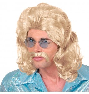 Blonde Perücke im 70er Jahre Stil mit Schnauzbart für Männer um Ihr Kostüm zu vervollständigen