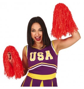 Rote Cheerleader-Pompons um Ihr Kostüm zu vervollständigen