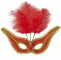 Rote Maske mit Rand und Federn um Ihr Kostüm zu vervollständigen